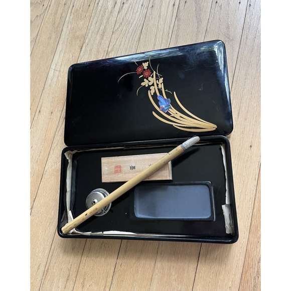 Vintage Asian Lacquerware Box with Calligraphy Set Brush Stone Ink Abalone Inlay